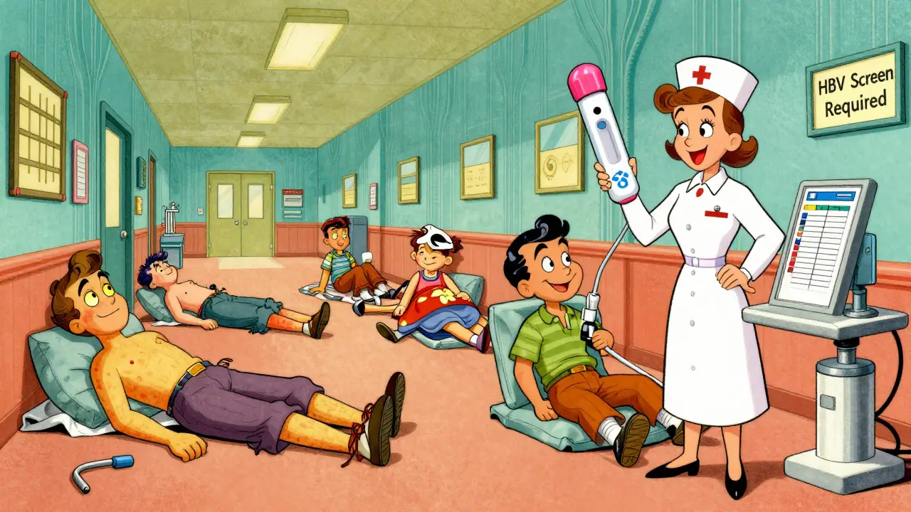 Split scene: chaotic liver failures on left, organized screening on right, with OraQuick test and digital alerts in Fleischer Studios cartoon style.