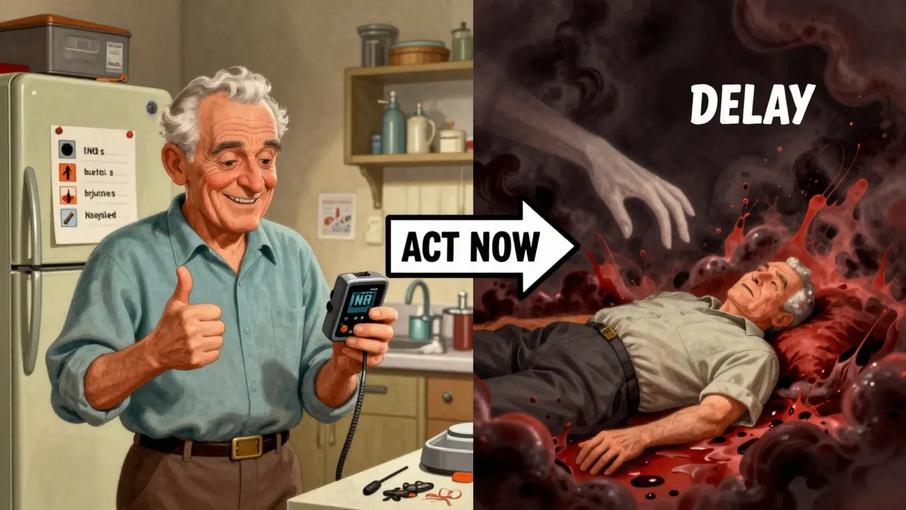 Split scene: one side shows a man safely monitoring his INR, the other shows him collapsing with dark blood clouds.