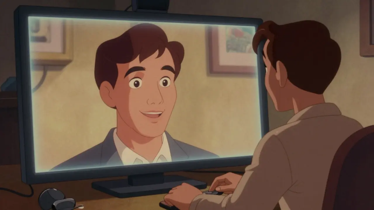 Therapist connecting via screen in retro animated illustration