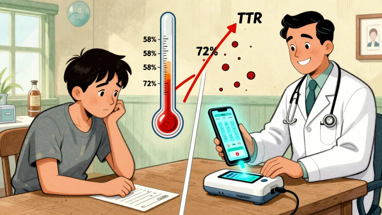 Two patients side by side: one in clinic, one at home with a device transmitting data to a doctor.