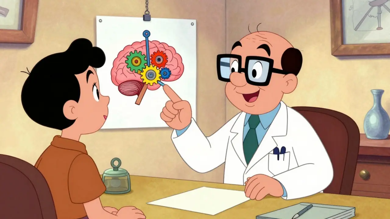 A doctor explaining brain chemistry to a patient using a gear-filled brain diagram in Fleischer style.