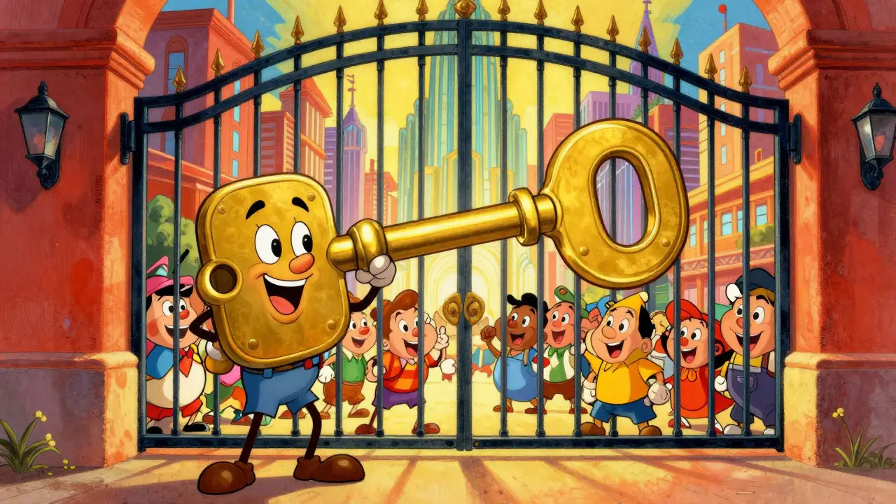 A giant golden key unlocking a gate to protect a healthy city in 1930s animation style.