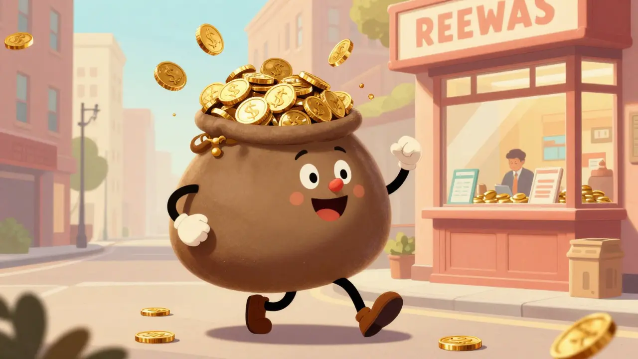 A joyful cartoon character carrying an overflowing coin purse after saving money on medication.