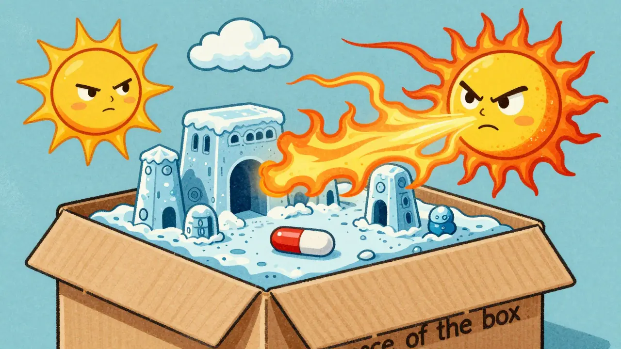 A personified pill protected by an insulated box from a personified hot sun.
