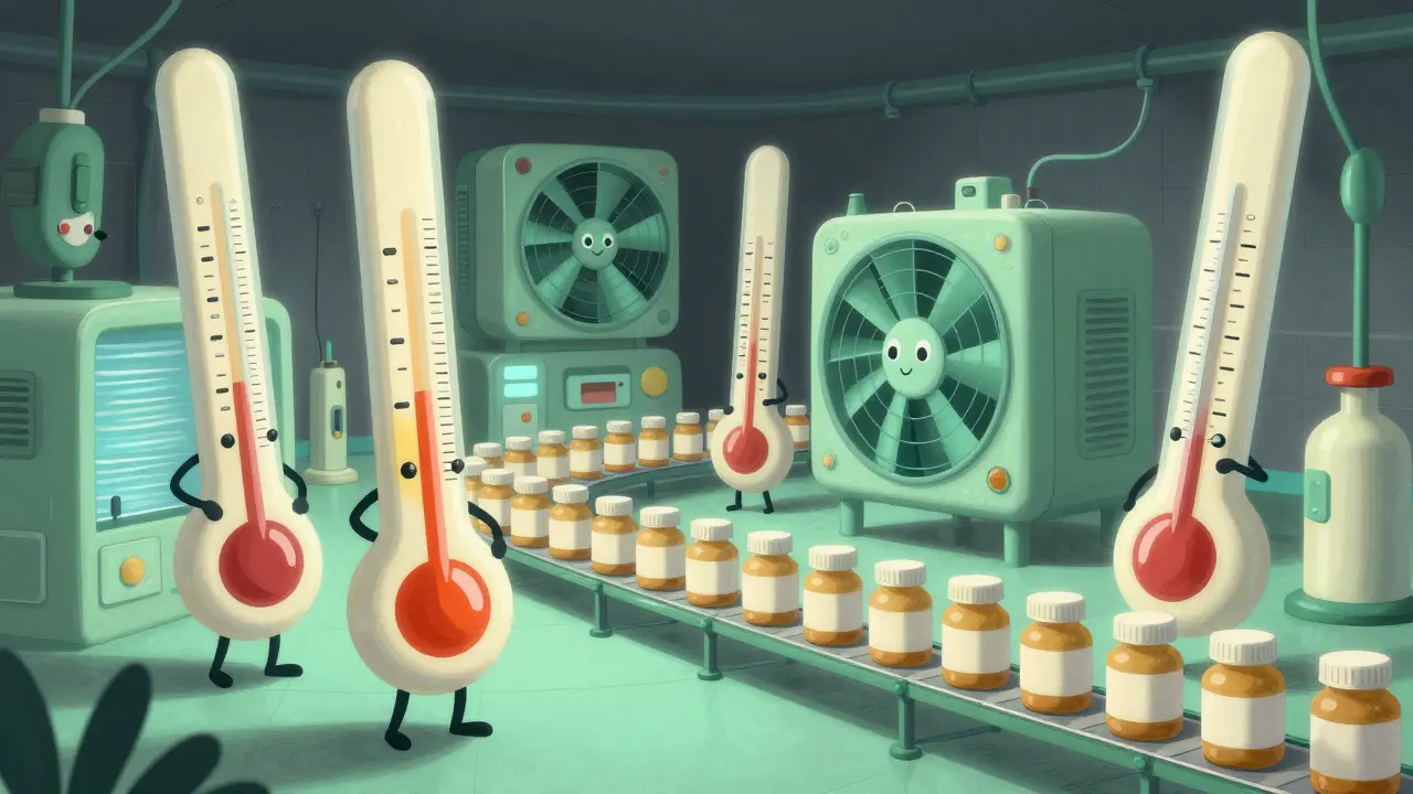 A whimsical, vintage-style pharmacy warehouse with personified cooling equipment.