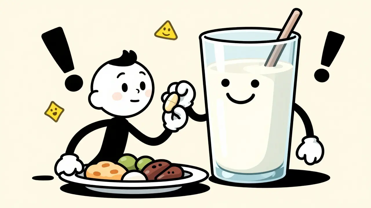 Cartoon character taking medication with milk and food for safety.