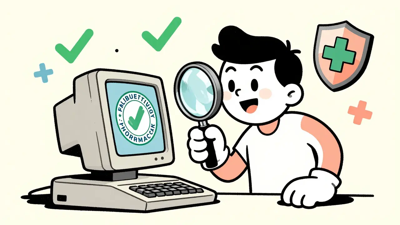 Character using a magnifying glass to verify a pharmacy's certification