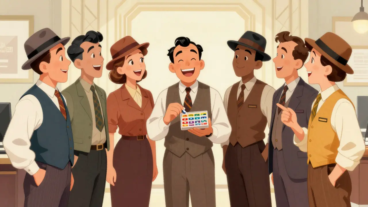 Colleagues in a 1930s office setting supporting a coworker who is using a medication organizer.