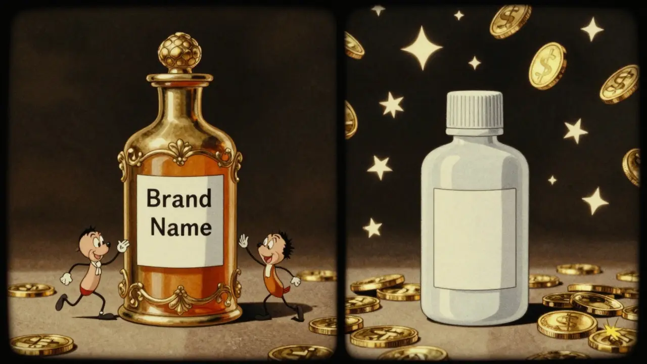 Comparison between an expensive brand-name bottle and a budget-friendly generic version