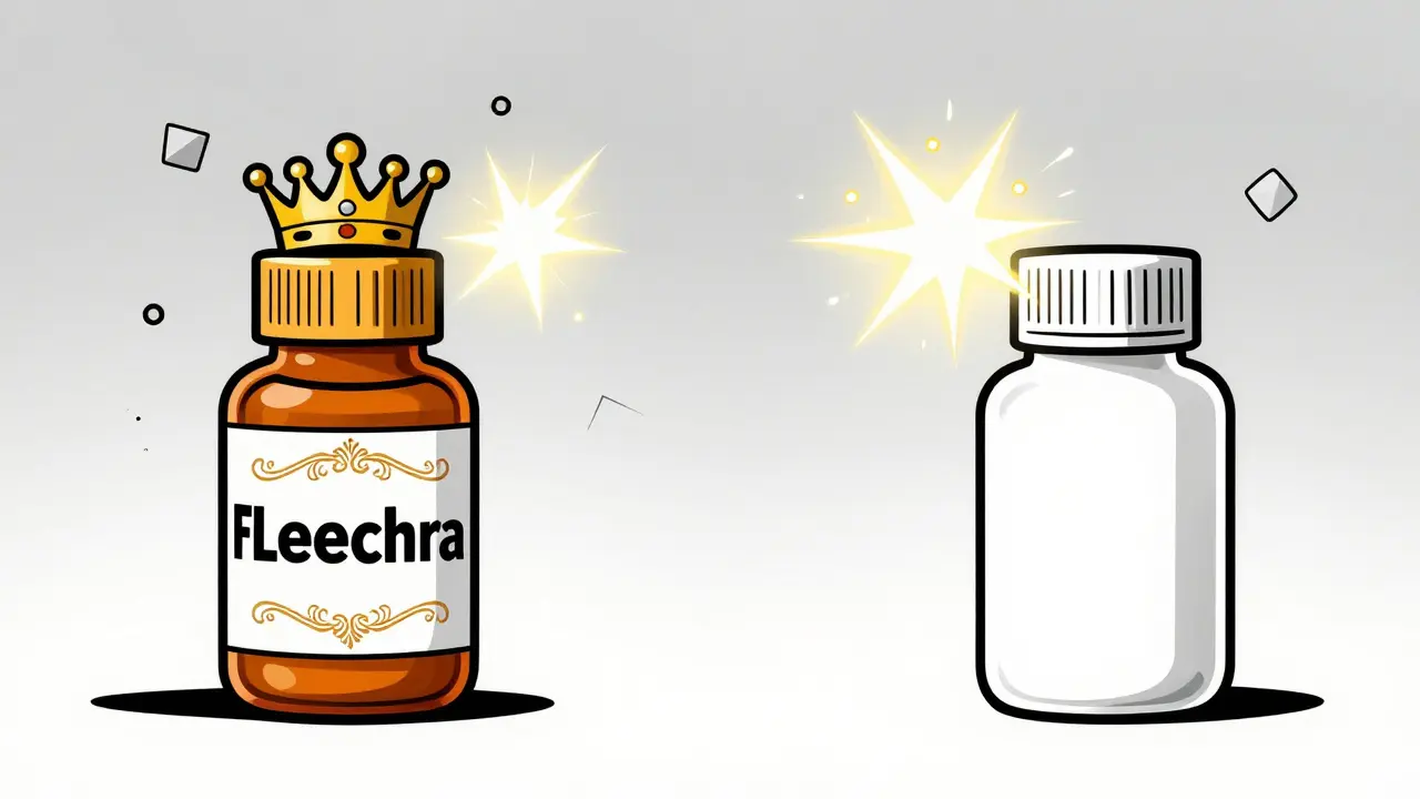 Comparison of brand name and generic ibuprofen bottles in a 1930s animation style.