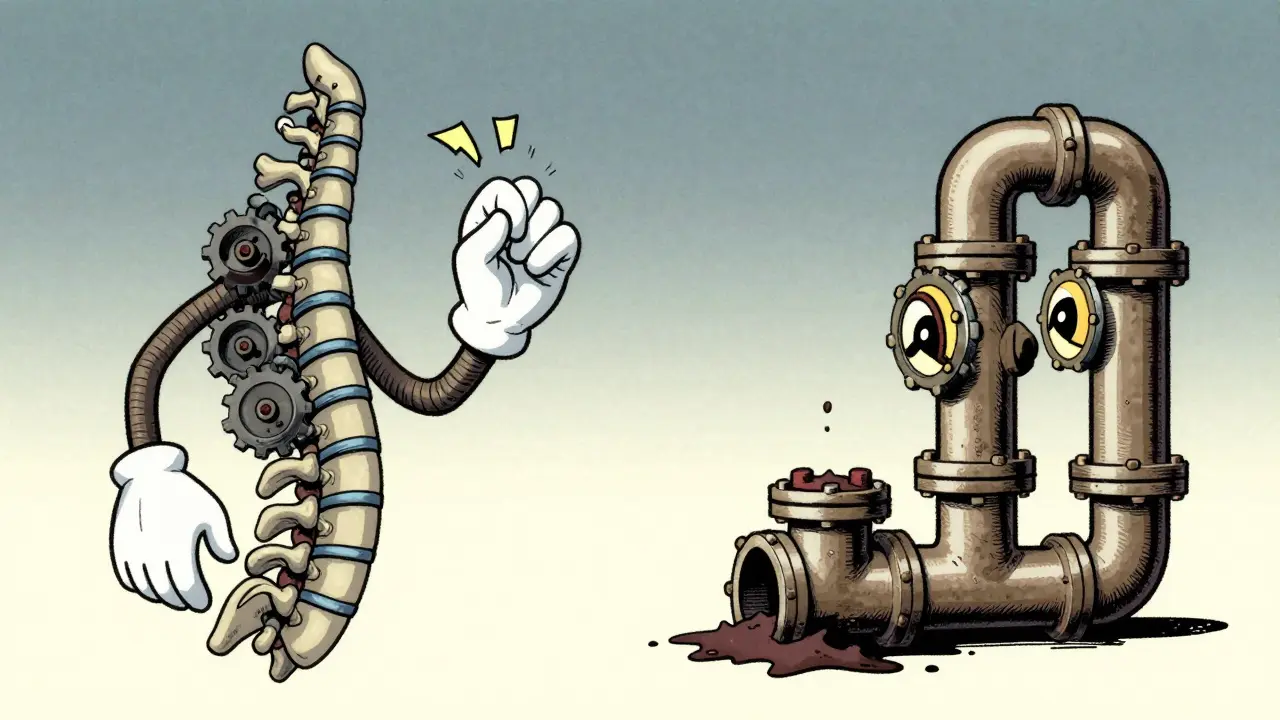 Conceptual cartoon comparing spinal nerve compression to clogged plumbing pipes