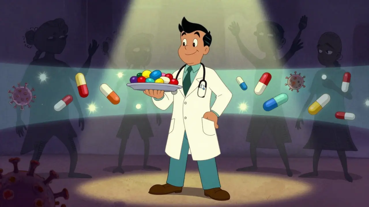 Doctor holding colorful pills shielding from virus shadows
