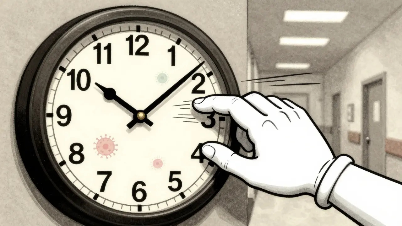 Hand stopping clock face to show treatment timing window