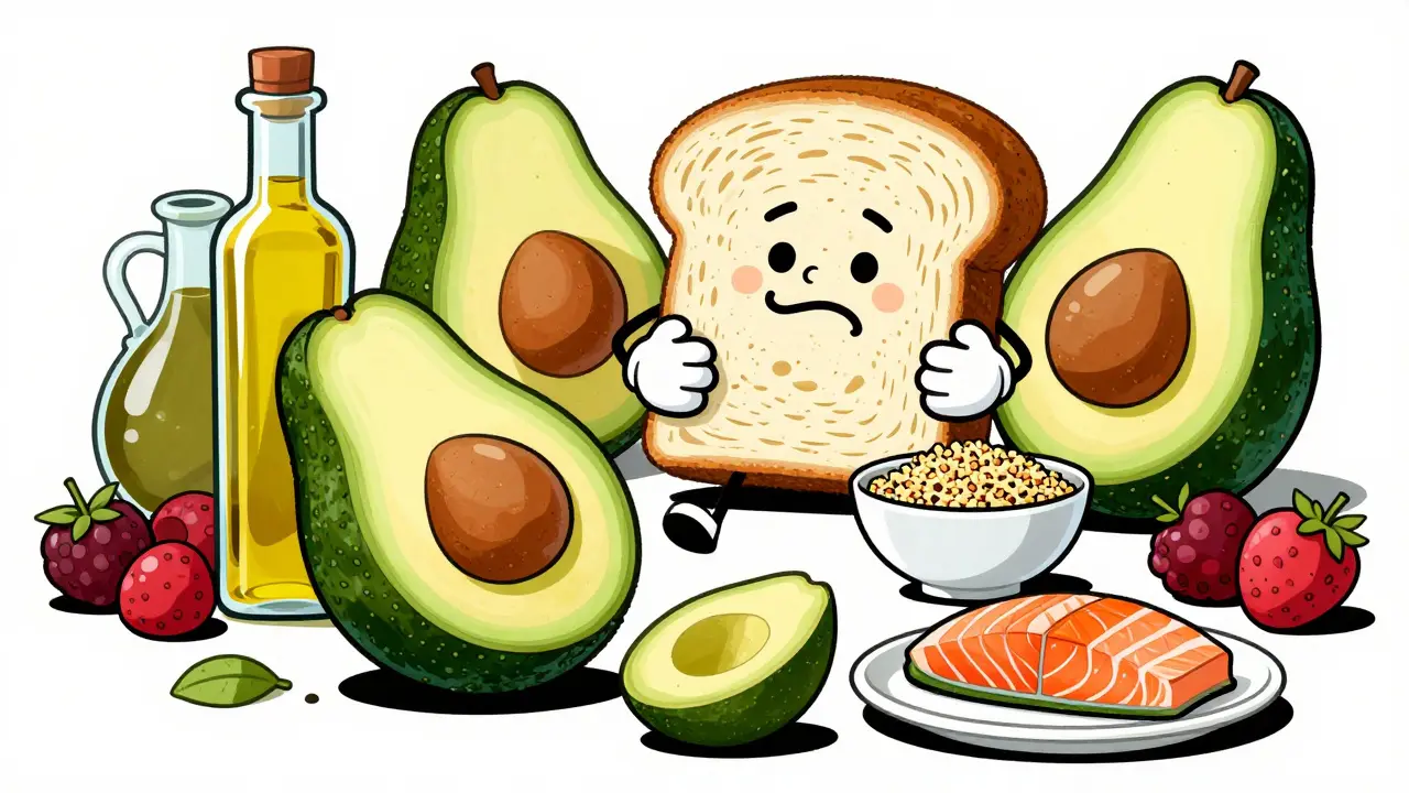 Mediterranean diet foods illustrated in a rubber-hose cartoon style