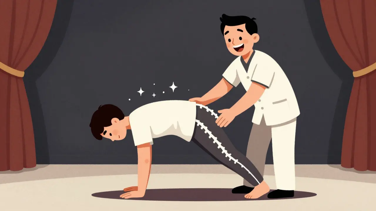 Patient performing a forward-bending stretch with a therapist in a vintage animation style