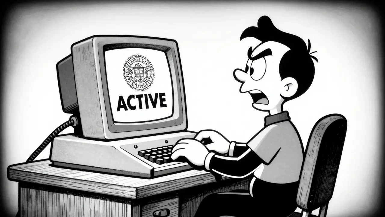 Rubber-hose style character happily verifying an active license on a vintage computer.