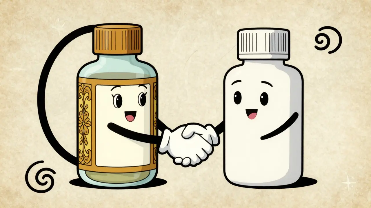 Two anthropomorphic medicine bottles shaking hands to show a brand name drug and generic are equal.